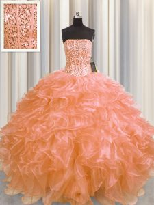 El organza anaranjado que deshuesa visible superventas ata para arriba 15 el vestido del quinceanera longitud sin mangas del piso que rebordea y ruffles