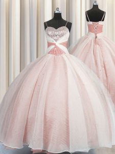 Custom spaghetti straps de diseño de organza rosa encaje hasta 15 vestido de quinceañera sin mangas piso longitud beading