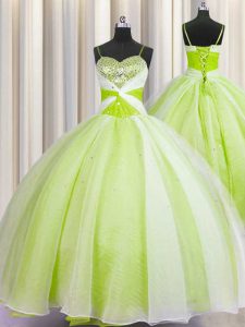 Shining amarillo verde verde vestido de bola organza espagueti correas sin mangas rebordear y arruinar la longitud del piso hasta el vestido quinceanera