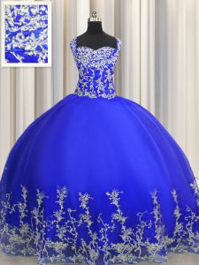 Cómodo organza de color azul azul hasta la espalda sin mangas de la longitud del piso vestido de quinceanera perlas y apliques