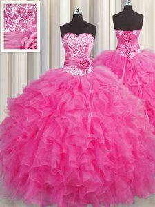 Fabuloso handcrafted flor rosa caliente sin mangas rebordear y colmenas suelo longitud dulce 16 vestido de quinceañera