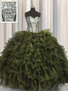 Visibles deshuesado verde oliva organza y lentejuelas hasta encaje dulce dulce 16 vestido de quinceañera sin mangas piso longitud ruffles y lentejuelas