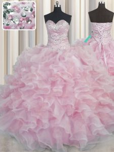 Custom fit bling-bling longitud del piso hasta vestidos de quinceanera rosa para el balón militar y dulce 16 y quinceanera con rebordear y volantes