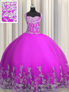 Tulle púrpura de lujo ata hasta el vestido del cumpleaños 15 sin mangas de longitud de piso rebordear y apliques
