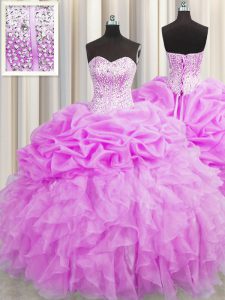 Tradicionales oscilación visibles lila vestidos de organza novia sin mangas rebordear y volantes y recoger la longitud del piso hasta encajes dulce 16 vestidos