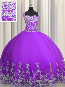 Coloridas correas tulle sin mangas encaje hasta rebordear y apliques vestidos de quinceañera en púrpura berenjena
