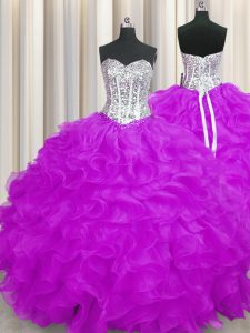 Liquidación púrpura encaje hasta cariño rebordear y volantes dulce 16 vestido de quinceañera organza sin mangas