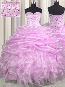 Los vestidos de bola de la lila sirven el tren sin mangas del cepillo de la longitud del piso del organza del amor atan para arriba el rebordear y las colmenas y el vestido de quinceanera de las selecciones