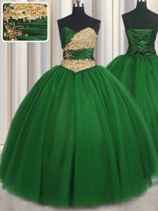Novia sin mangas encaje hasta 15 vestido de quinceañera tul verde