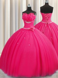 Los vestidos de boda hechos a mano fabulosos de la longitud del piso de la flor sin mangas del dulce 16 del color de rosa caliente atan para arriba
