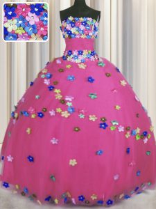 La manera sin mangas de la manera flor hecha a mano atan para arriba dulce 16 vestidos con color de rosa caliente