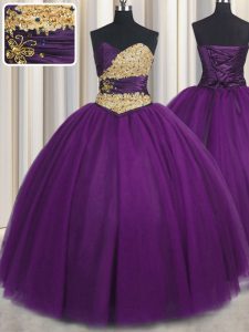 La longitud sin mangas elegante del piso que rebordea y los appliques atan para arriba el vestido del 15to cumpleaños con púrpura