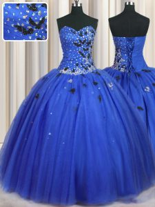 Sofisticado azul royal sin mangas rebordeado y apliques de longitud de piso vestido de cumpleaños 15