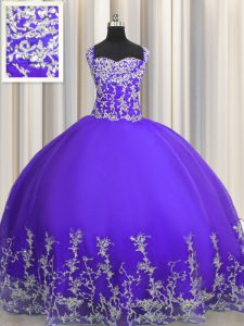 Los vestidos de bola púrpuras tiras longitud sin mangas del piso de Tulle atan para arriba el rebordear y appliques el vestido del baile de fin de curso del vestido de bola