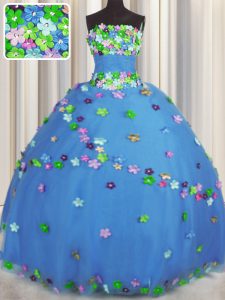 Los vestidos de bola azules hecha a mano florecen el vestido dulce 16 atan para arriba la longitud sin mangas del piso de Tulle