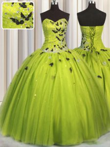 Los vestidos de bola verde oliva tulle el amor rebordear sin mangas y los appliques longitud del piso atan para arriba dulce 16 vestido del quinceanera