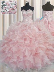 Clásico bling-bling sin mangas de longitud de piso de organza encaje hasta vestidos de quinceanera en rosa con rebordear y volantes