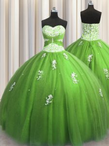 El amor sin mangas ata para arriba el vestido verde del dulce 16 Tulle