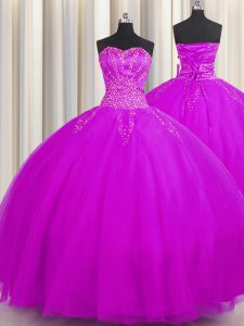 Modificado para requisitos particulares cordón sin mangas realmente hinchado para arriba vestidos de quinceanera tul púrpura