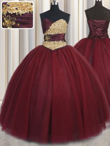 Deslumbrante vestido de baile de pelo rojo beading y apliques vestido de fiesta de baile vestido de tul hasta la longitud del piso sin mangas