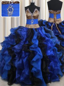 La longitud sin mangas del piso del lujo que rebordea y las colmenas atan para arriba los vestidos de bola del membrillo con azul y negro