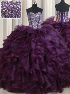 El amor tradicional sin mangas ata para arriba los vestidos de la quinceañera organza púrpura oscuro
