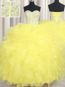 Los mejores vestidos de quinceañera amarillos de la longitud del piso que arropan el cordón sin mangas del amor para arriba