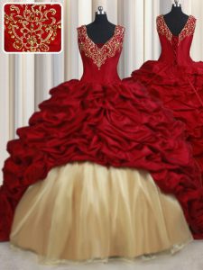 Pick ups barrido tren vestidos de baile dulce 16 vestidos de tafetán rojo v-cuello sin mangas hasta
