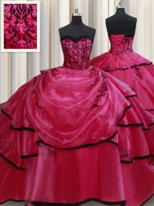 Longitud sin mangas del piso que rebordea y appliques y capas rizadas ata para arriba el vestido de quinceanera con el rojo