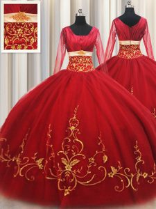 Delicados vestidos de fiesta rojos de tul de tul cuadrado mangas largas rebordear y bordado longitud zipper vestidos de quinceanera