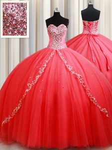 Superior sin mangas de longitud del piso perlas y apliques de encaje hasta vestido de fiesta vestido de fiesta con coral rojo