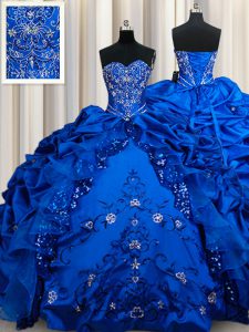 El tafetán azul real ata para arriba el vestido del baile de fin de curso del vestido de bola sin mangas de la longitud del piso que rebordea y el bordado y los cequis y las recolecciones