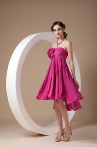 Exclusivo Caliente Rosa Corte Imperial Cóctel Vestido Estrapless Chifón Flor Hecha A Manos Mini-length