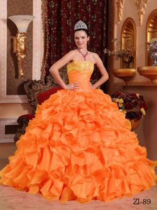 Naranja Vestido De Fiesta Estrapless Hasta El Suelo Organdí Bordado Y Vestido De Quinceañera