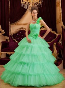 Verde Manzana Corte A / Princesa Un Sólo Hombro Hasta El Suelo Volantes Vestido De Quinceañera