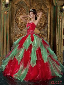Rojo Vestido De Fiesta Estrapless Hasta El Suelo Organdí Bordado Y Volantes Vestido De Quinceañera