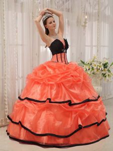Naranja Y Negro Vestido De Fiesta Estrapless Hasta El Suelo Satén Y Organdí Bordado Vestido De Quinceañera