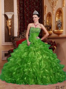Verde Vestido De Fiesta Estrapless Hasta El Suelo Organdí Bordado Vestido De Quinceañera