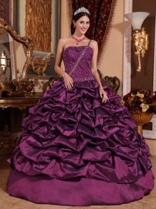 Púrpura Oscuro Vestido De Fiesta Un Sólo Hombro Hasta El Suelo Tafetán Pick-ups Vestido De Quinceañera