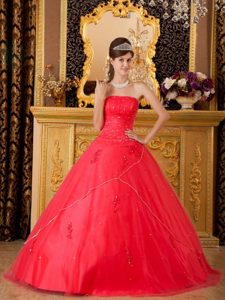 Rojo Corte A / Princesa Estrapless Hasta El Suelo Tul Vestido De Quinceañera