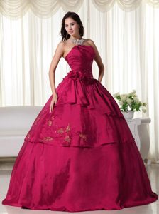 Rojo Vino Vestido De Fiesta Estrapless Hasta El Suelo Tafetán Hand Floress Vestido De Quinceañera