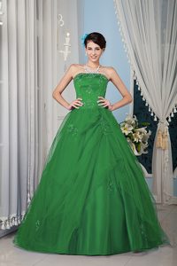 Verde Corte A / Princesa Estrapless Hasta El Suelo Tul Bordado Vestido De Quinceañera