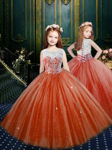 Cucharada maravillosa de color naranja rojo sin mangas tulle manejar el vestido de desfile de niñas para el partido y banquete de boda