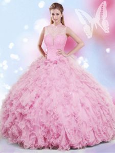 Los vestidos de bola dulce 16 se visten color de rosa rosado halter superior Tulle longitud sin mangas del piso atan para arriba