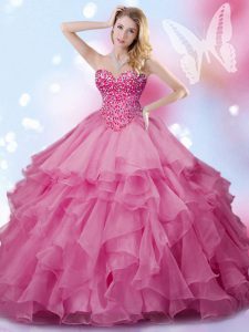 El nuevo estilo se levantó color de rosa atan para arriba el amor que rebordea los vestidos del quinceanera organza sin mangas