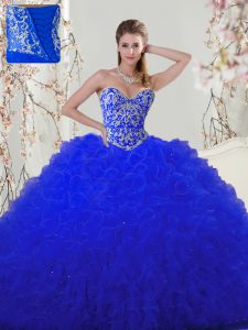 Los delicados vestidos de bola azules azules rebordea la longitud sin mangas del piso de Tulle atan para arriba el rebordear y appliques el vestido de décimo quinto cumpleaños
