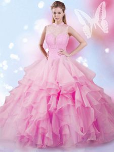 Admirable rosa tul rosa encaje hasta el cuello alto sin mangas de longitud vestido de quinceañera perlas y volantes