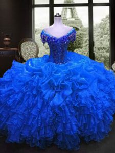 Los vestidos de bola azules de lujo del organza del regazo rebordean y rizan la longitud del piso atan para arriba el vestido de cumpleaños 15to