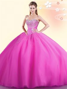 La longitud sin mangas modesta del piso de Tulle ata para arriba el vestido dulce 16 en color de rosa caliente con el rebordear