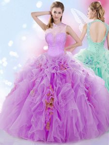 Top de venta halter top lila vestidos de bola rebordear y volantes vestidos de quince bola de encaje hasta la longitud del piso de tul sin mangas